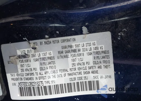 2011 Mazda Cx-9 Touring from USA, damaged, VIN JM3TB3CV2B0318275